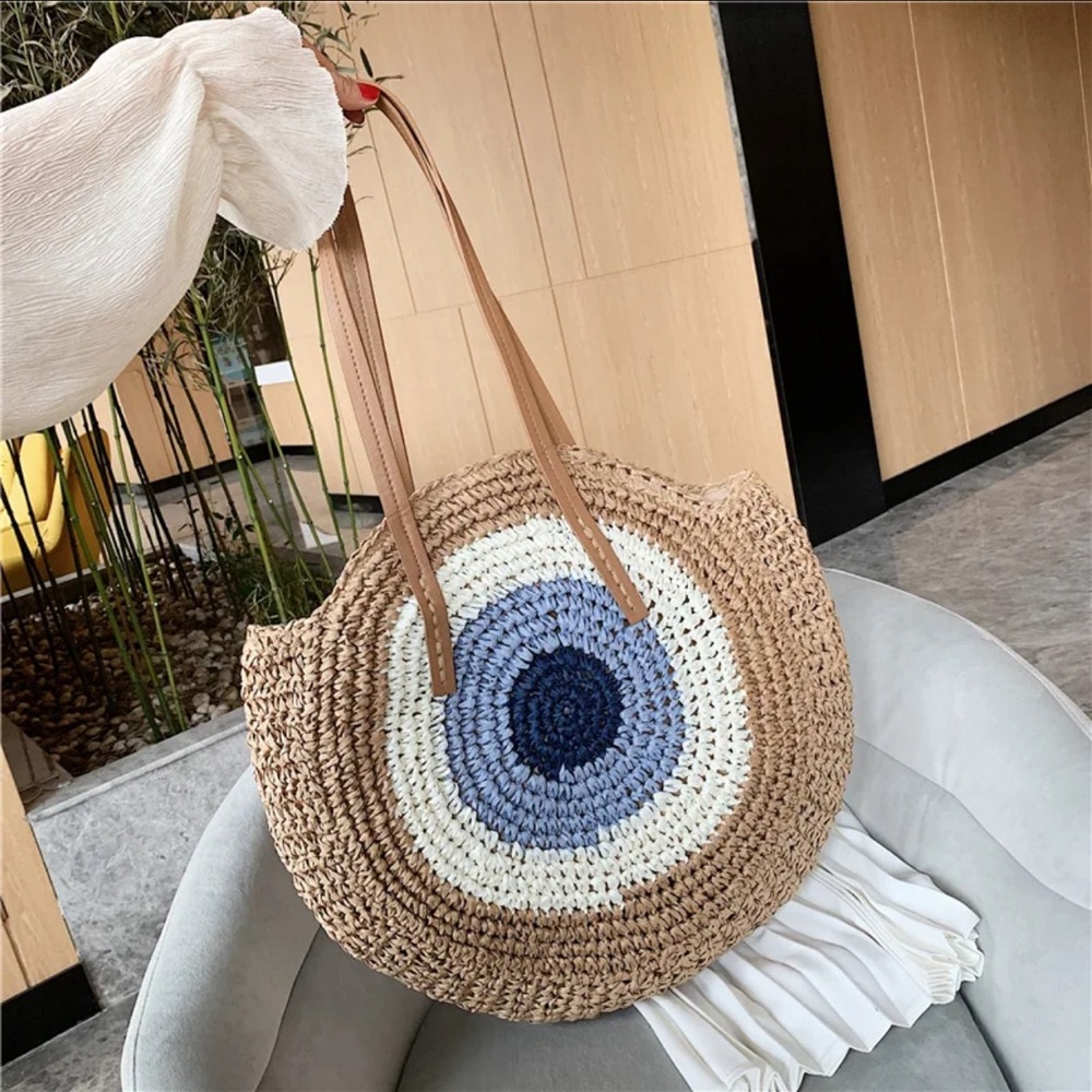 Handmade Women Evil Eye Khaki Large Capacity Round Summer Straw Shoulder Bag